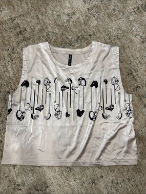 Ivory Satin Graphic Sleeveless Crop Top with Black Horse Prints